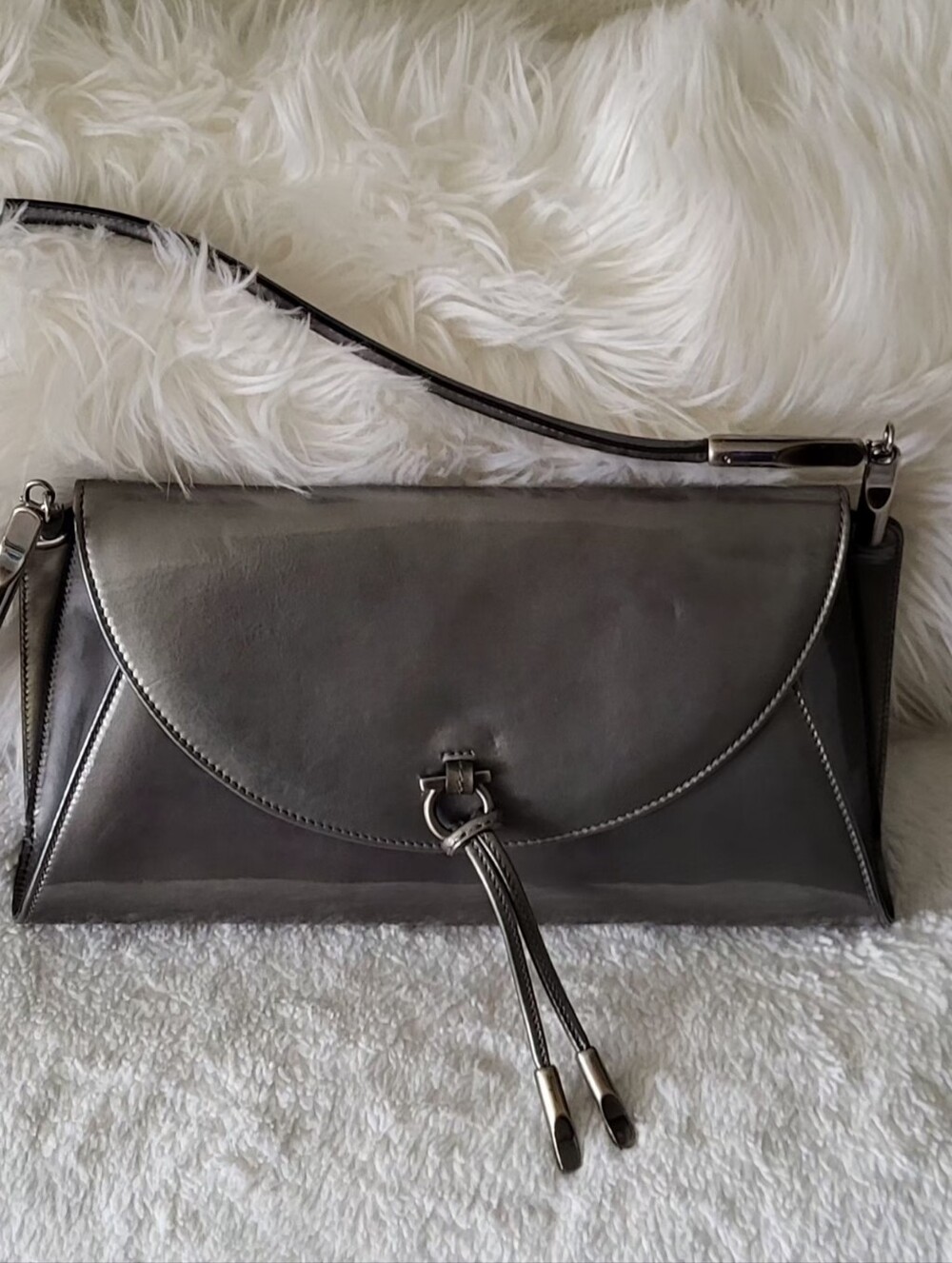 Ferragamo Sleek Metallic Gray Women's Patent Leather Shoulder Bag